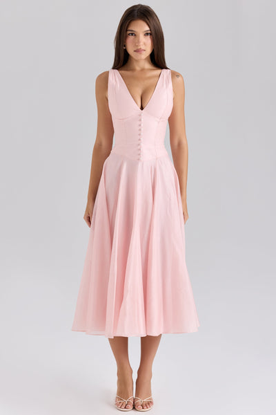 Samira | Pink Chiffon Button Midi Dress