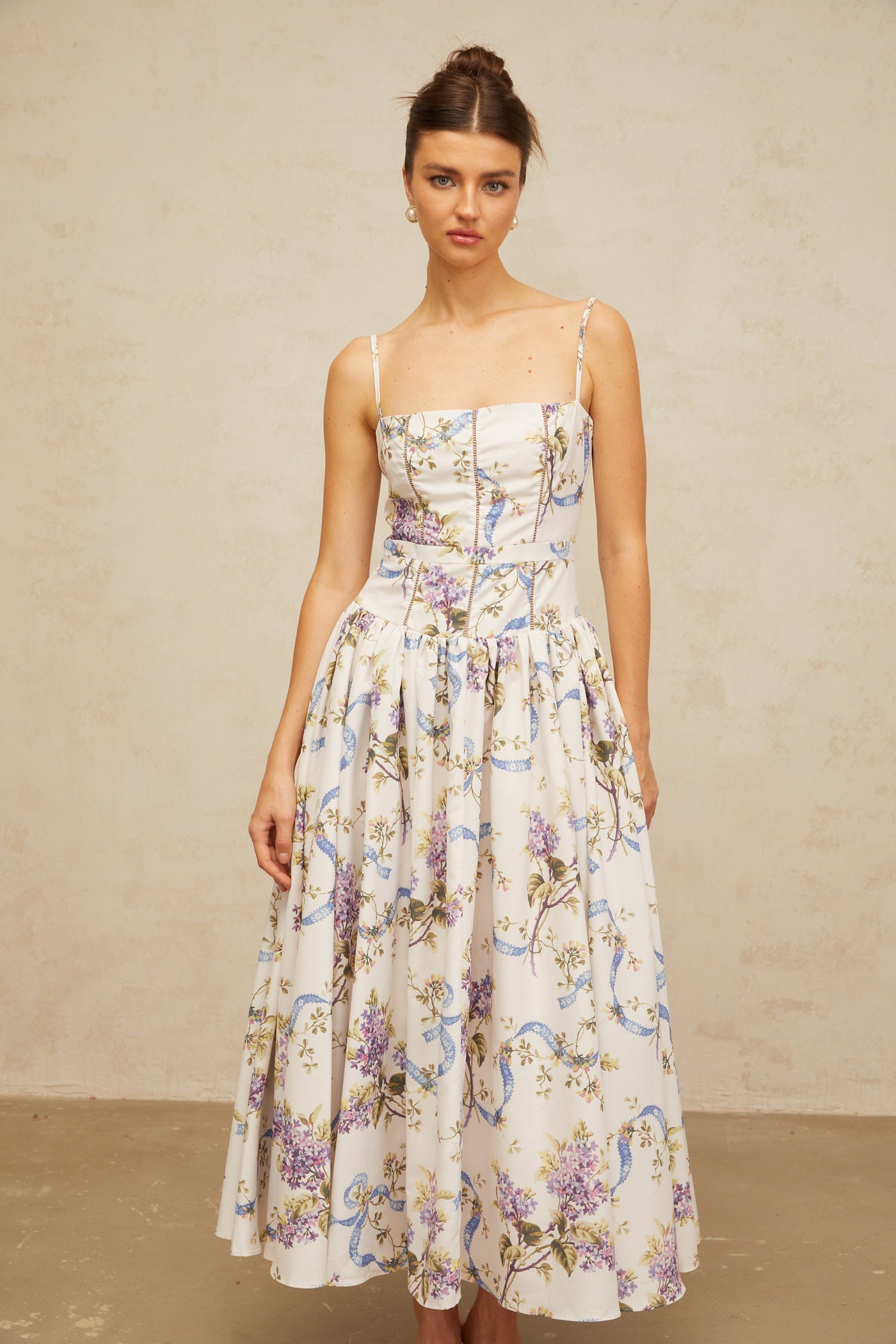 Fleur floral-print midi dress in White