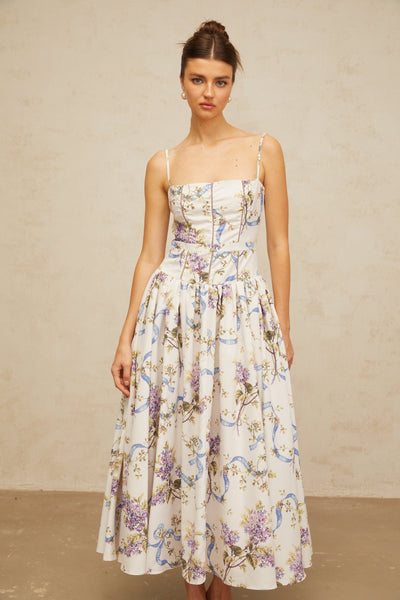 Fleur floral-print midi dress in White