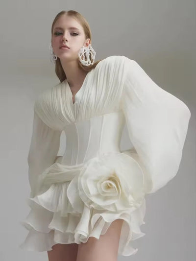 V Neck Lantern Sleeve Ruffles Mini Dress
