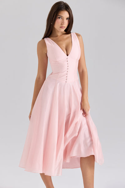 Samira | Pink Chiffon Button Midi Dress