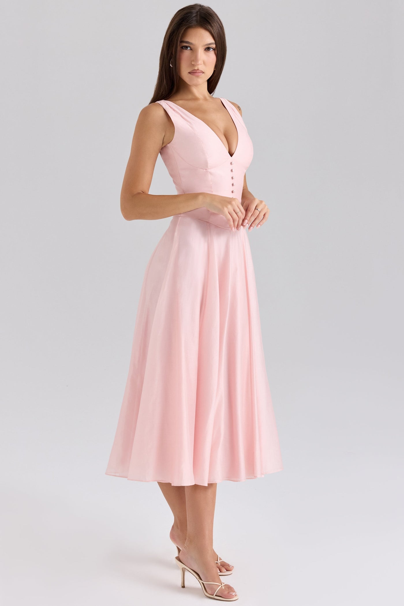 Samira | Pink Chiffon Button Midi Dress