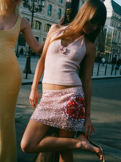Bloom Hand Beaded Mini Skirt - Garden Rose