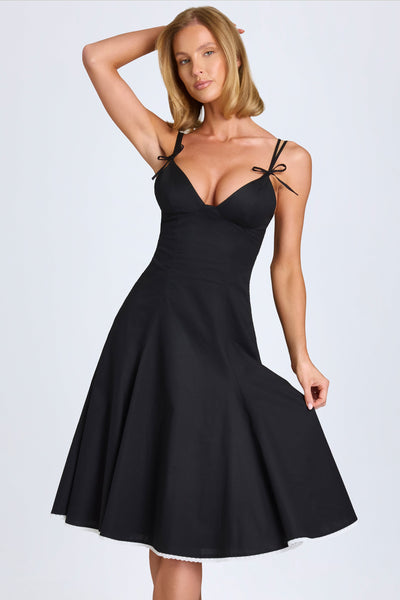 Bow-Detail Lace-Trim A-Line Midi Dress in Black