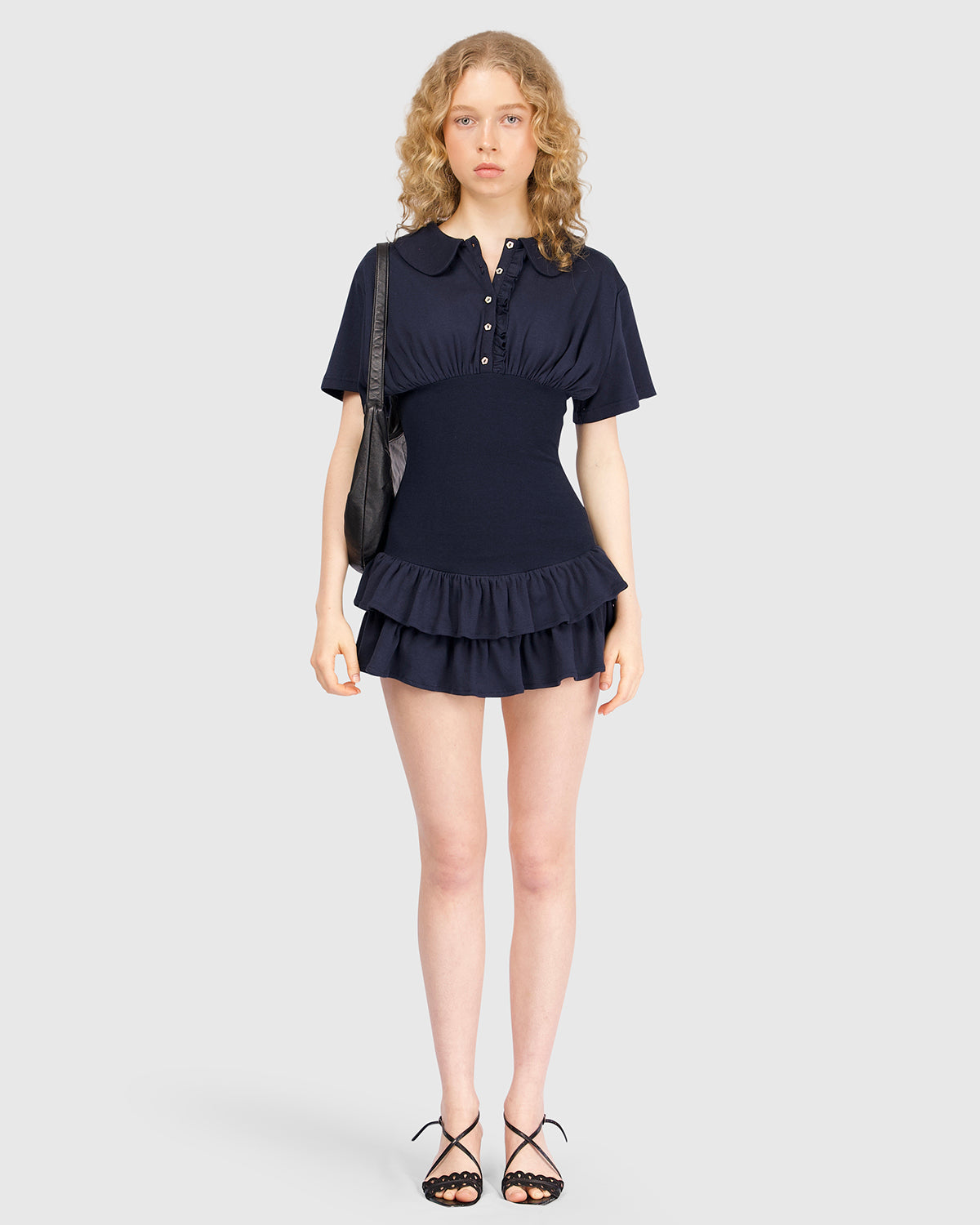 Collar Fitted Frill Dress - Navy