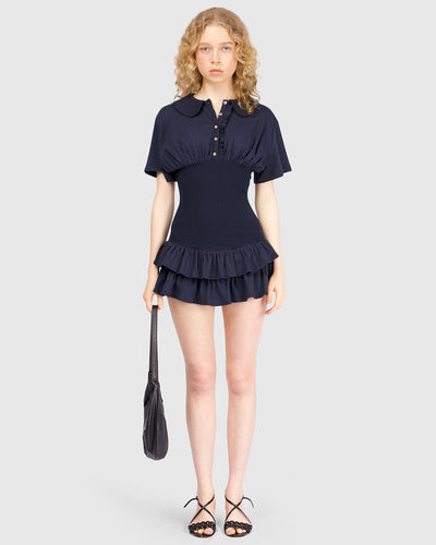 Collar Fitted Frill Dress - Navy