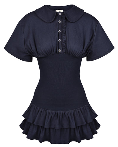 Collar Fitted Frill Dress - Navy