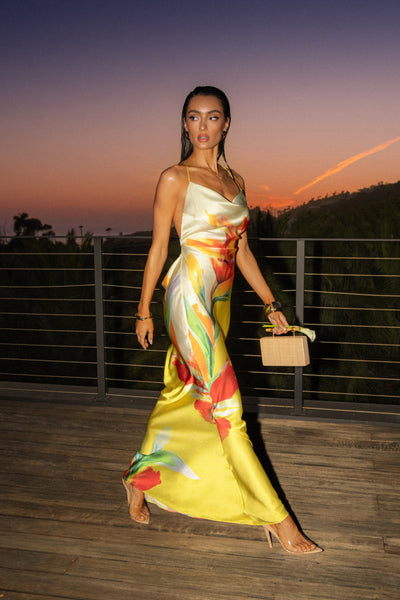 Satin Floral Print Maxi Dress