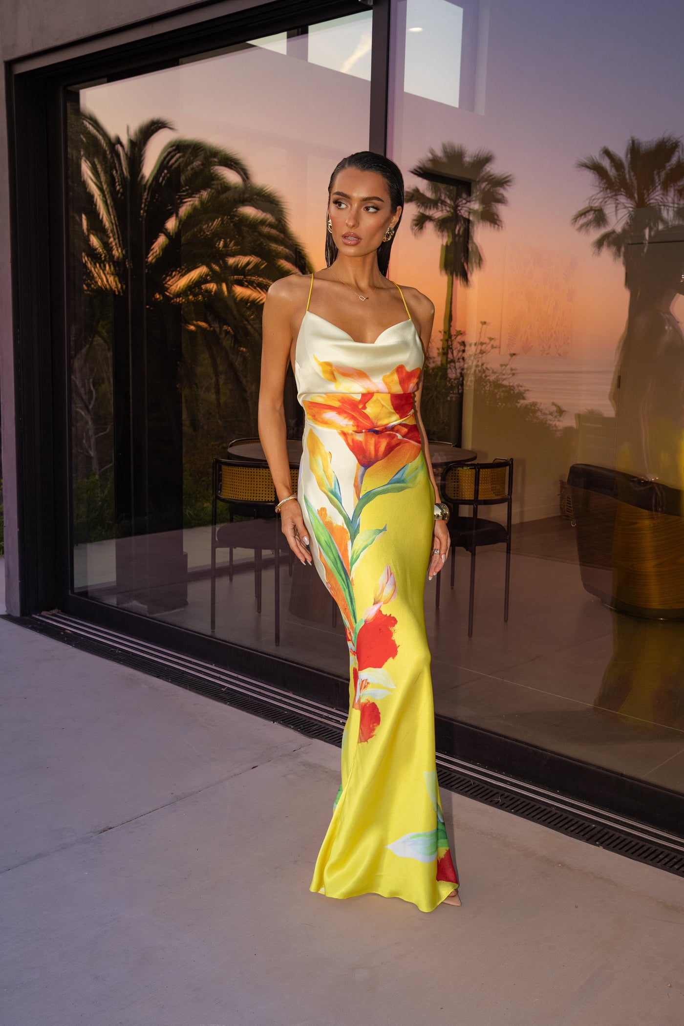 Satin Floral Print Maxi Dress