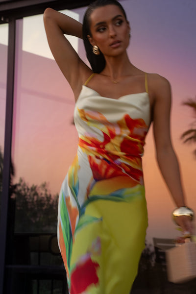 Satin Floral Print Maxi Dress