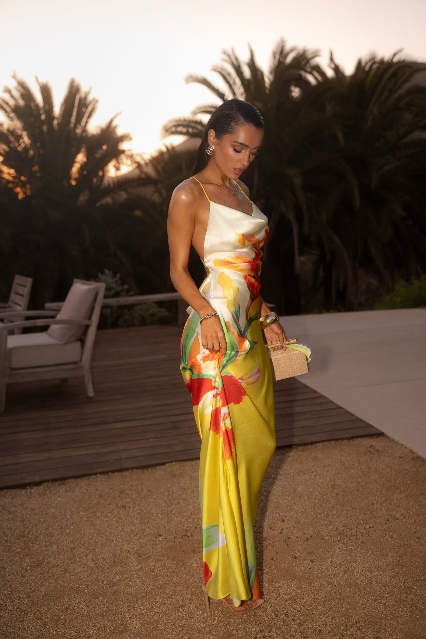 Satin Floral Print Maxi Dress