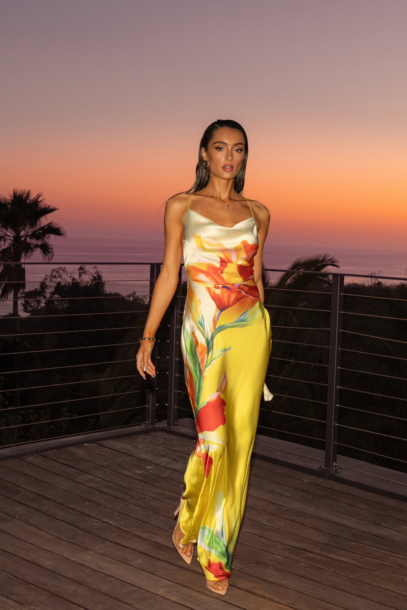 Satin Floral Print Maxi Dress
