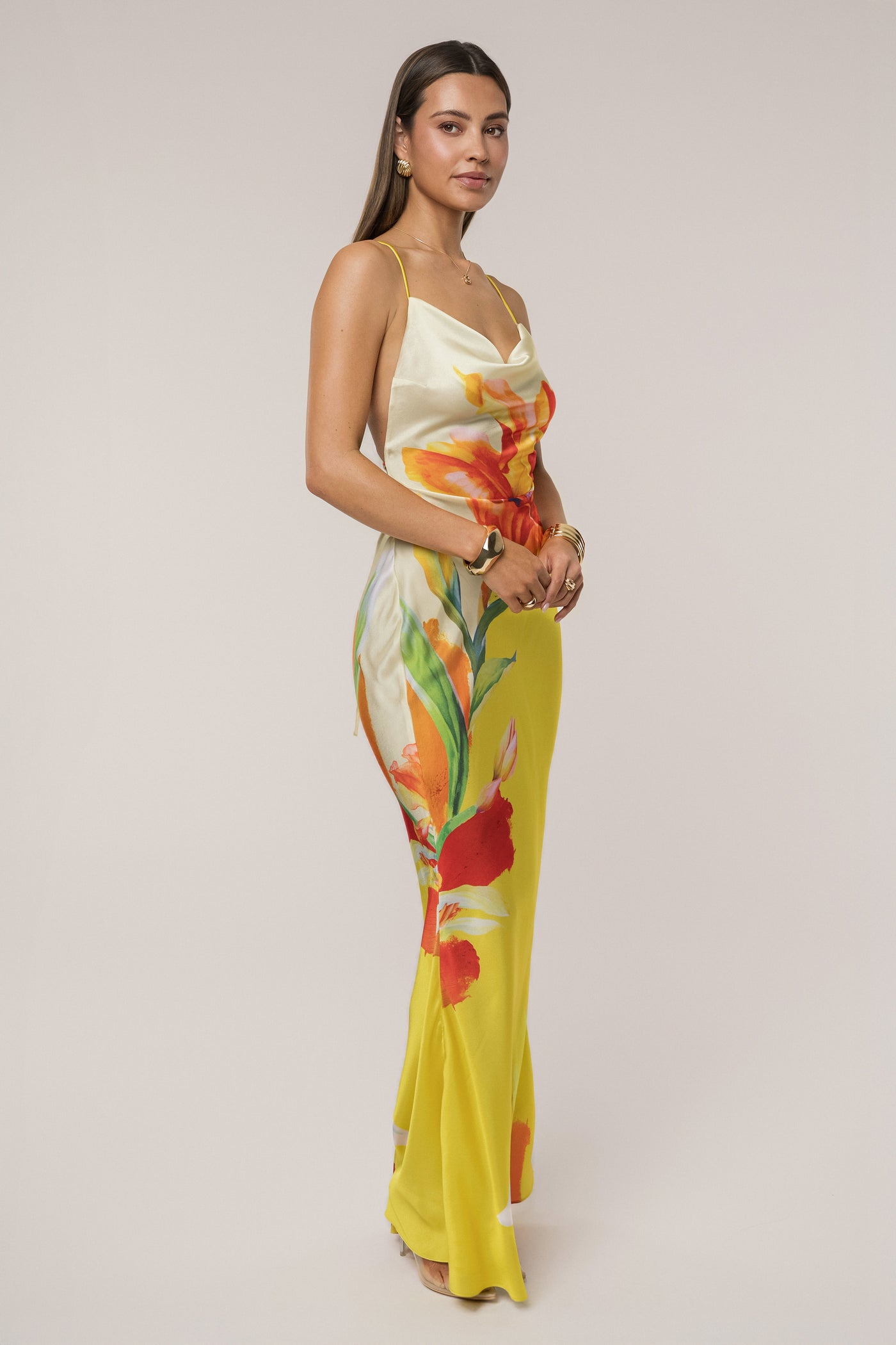 Satin Floral Print Maxi Dress