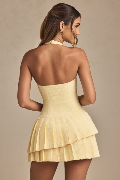 Asymmetric Layered Halterneck Mini Dress in Pastel Yellow