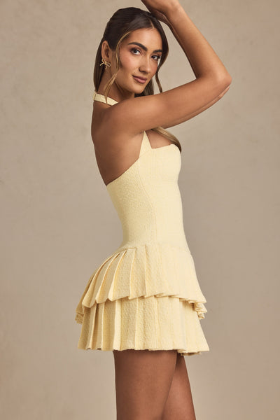 Asymmetric Layered Halterneck Mini Dress in Pastel Yellow