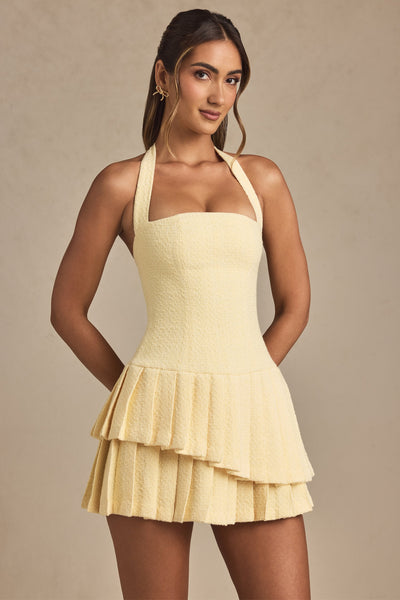 Asymmetric Layered Halterneck Mini Dress in Pastel Yellow