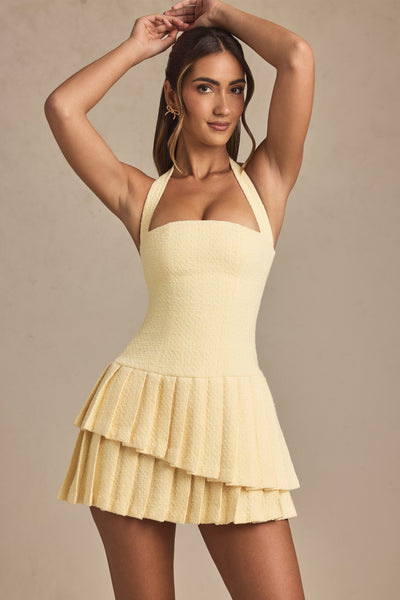 Asymmetric Layered Halterneck Mini Dress in Pastel Yellow