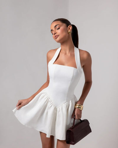 White halter contour a-line mini dress